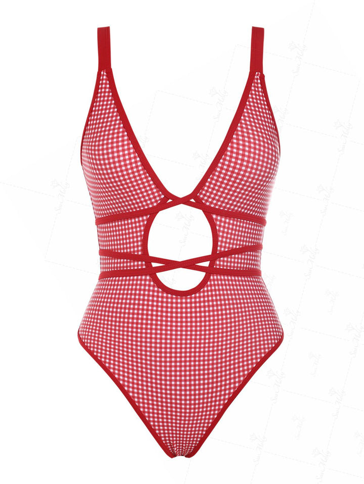 Seamolly Gingham Tie Around Criss Cross Open U Back One-piece Swimsuit