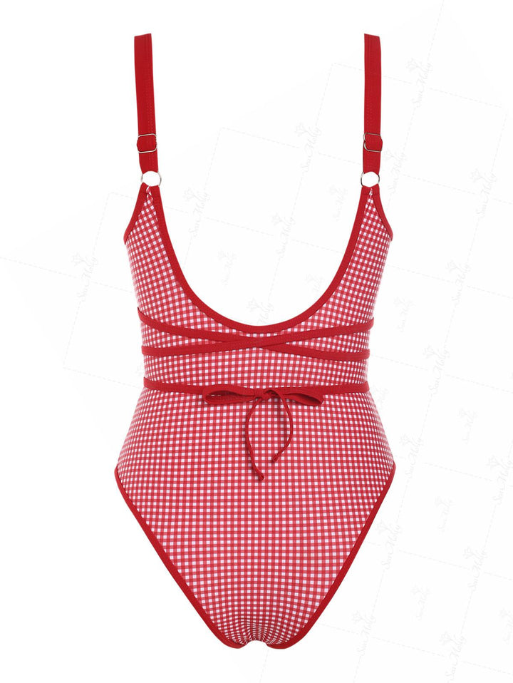 Seamolly Gingham Tie Around Criss Cross Open U Back One-piece Swimsuit