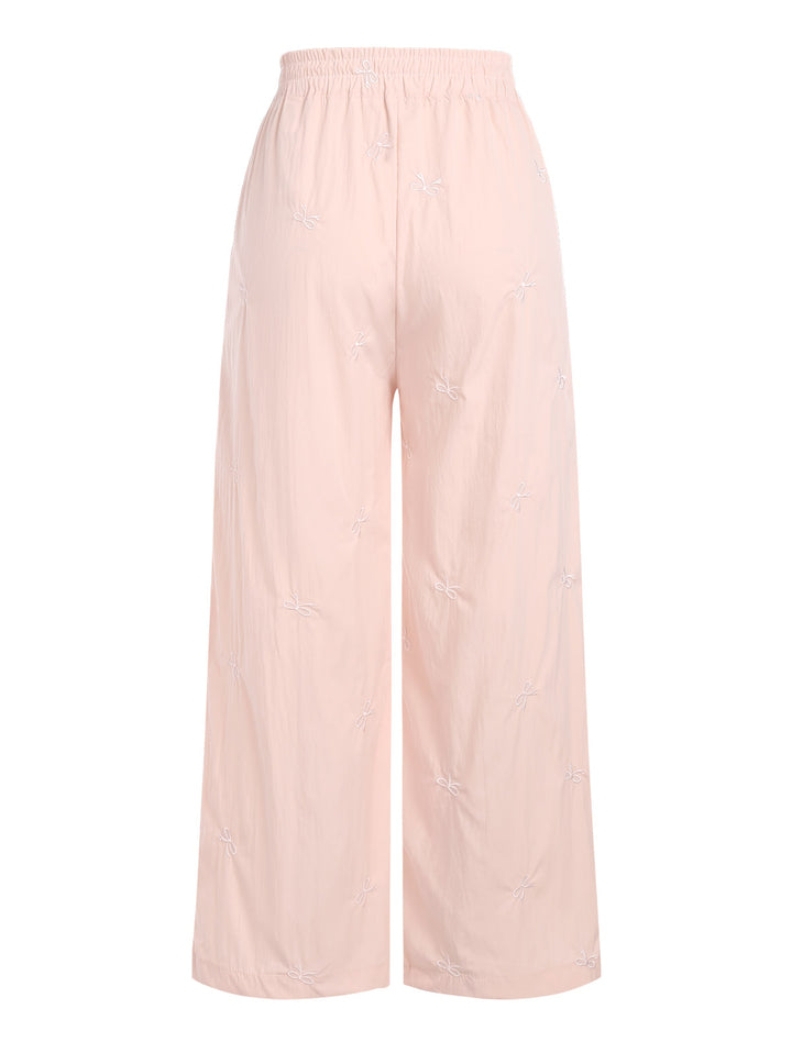 Bowknot Embroidery Tied Elastic Waist Wide Leg Pants