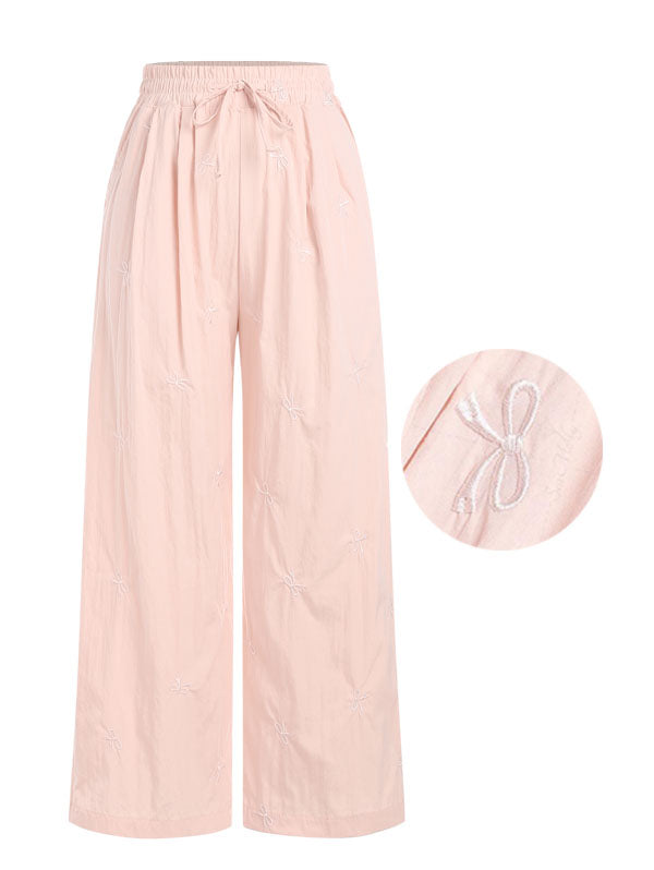 Bowknot Embroidery Tied Elastic Waist Wide Leg Pants