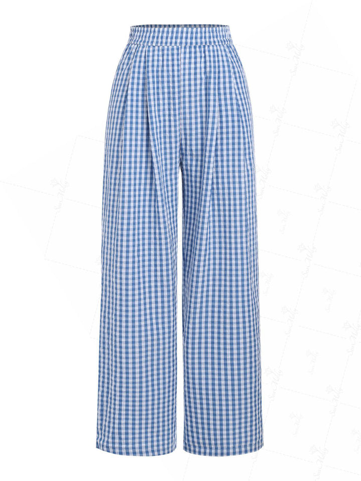 Plaid Pleated Elastic Waist Slant Pockets Wide Leg Pants