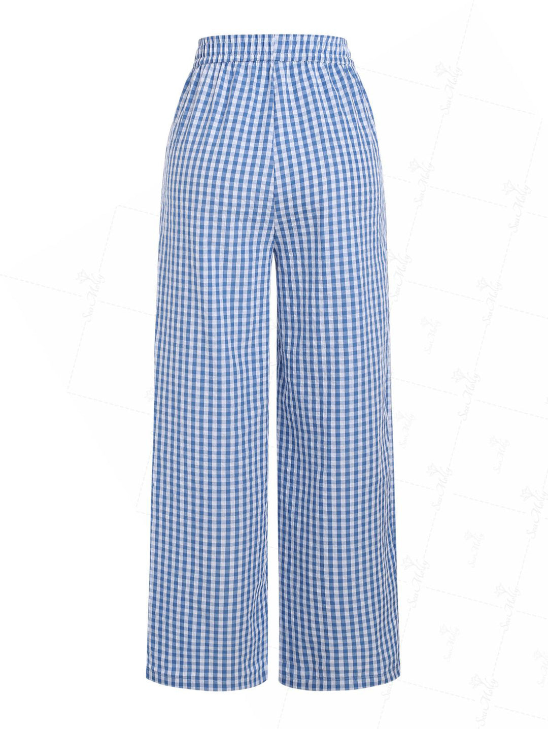 Plaid Pleated Elastic Waist Slant Pockets Wide Leg Pants