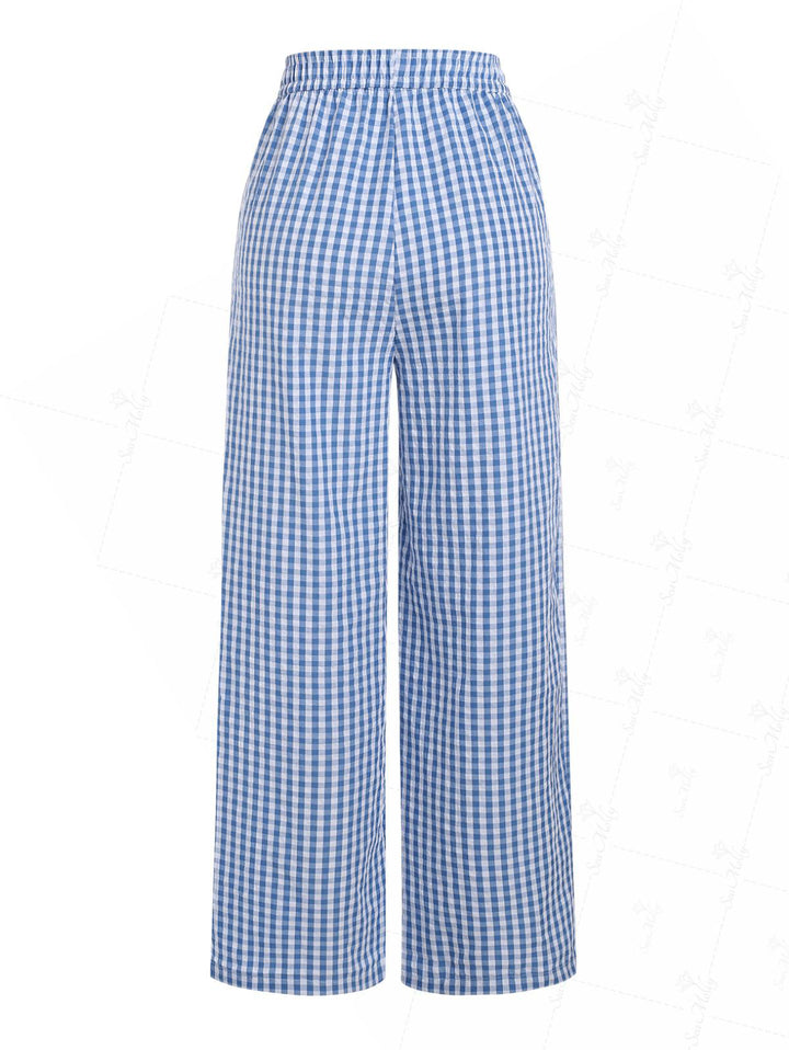 Plaid Pleated Elastic Waist Slant Pockets Wide Leg Pants