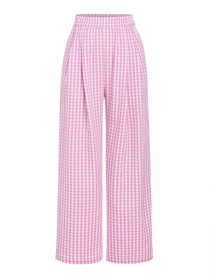 Plaid Pleated Elastic Waist Slant Pockets Wide Leg Pants