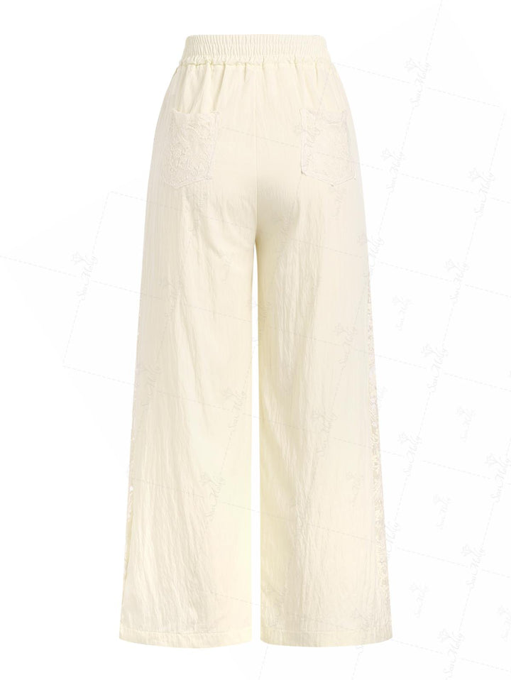 Lace Spliced Openwork Elastic Waist Wide Leg Pants