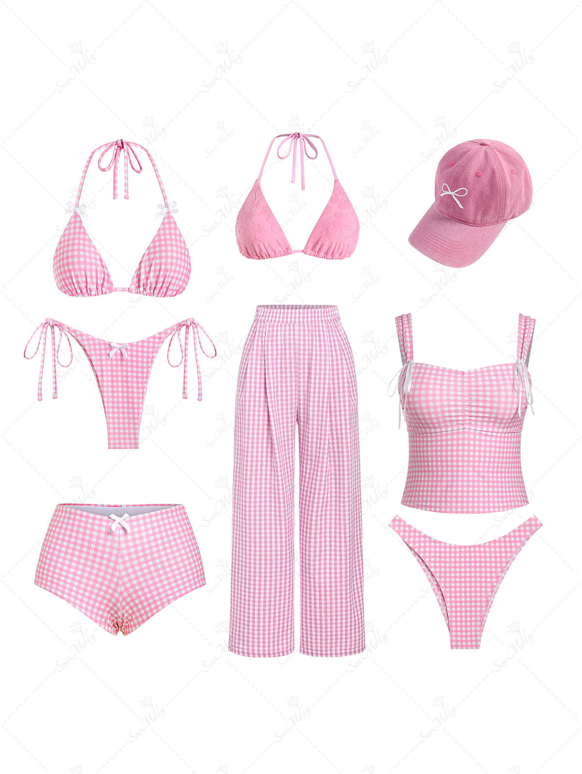 Women's 2 Piece Gingham Bikini Set - Y2K Halter Triangle Top & High Waisted Bottom Bow Front