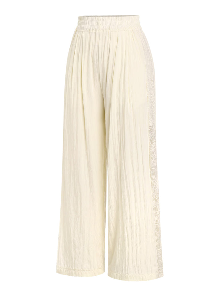 Lace Spliced Openwork Elastic Waist Wide Leg Pants