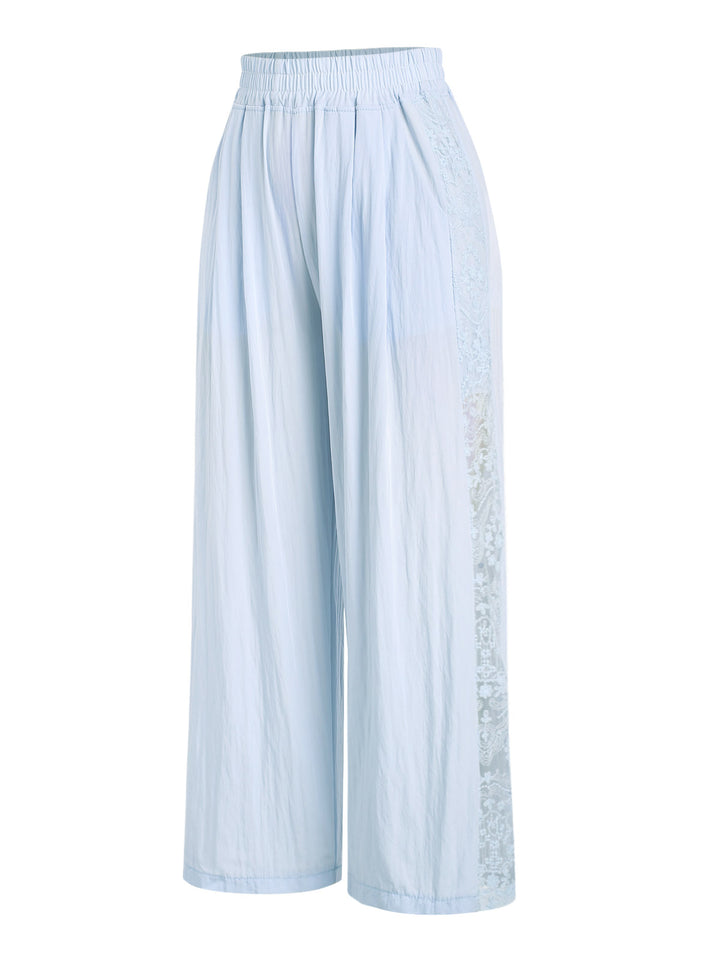 Lace Spliced Openwork Elastic Waist Wide Leg Pants