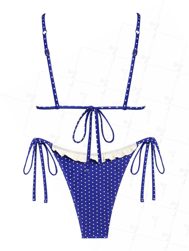 Seamolly Vintage Polka Dotted Frilled Ruffles Triangle Tie Side Bikini Set