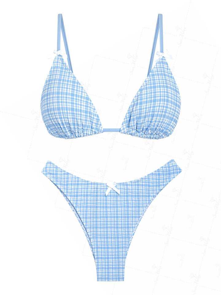 Seamolly Vintage Blue Gingham Bowknot Decor Triangle Cheeky Bikini Set