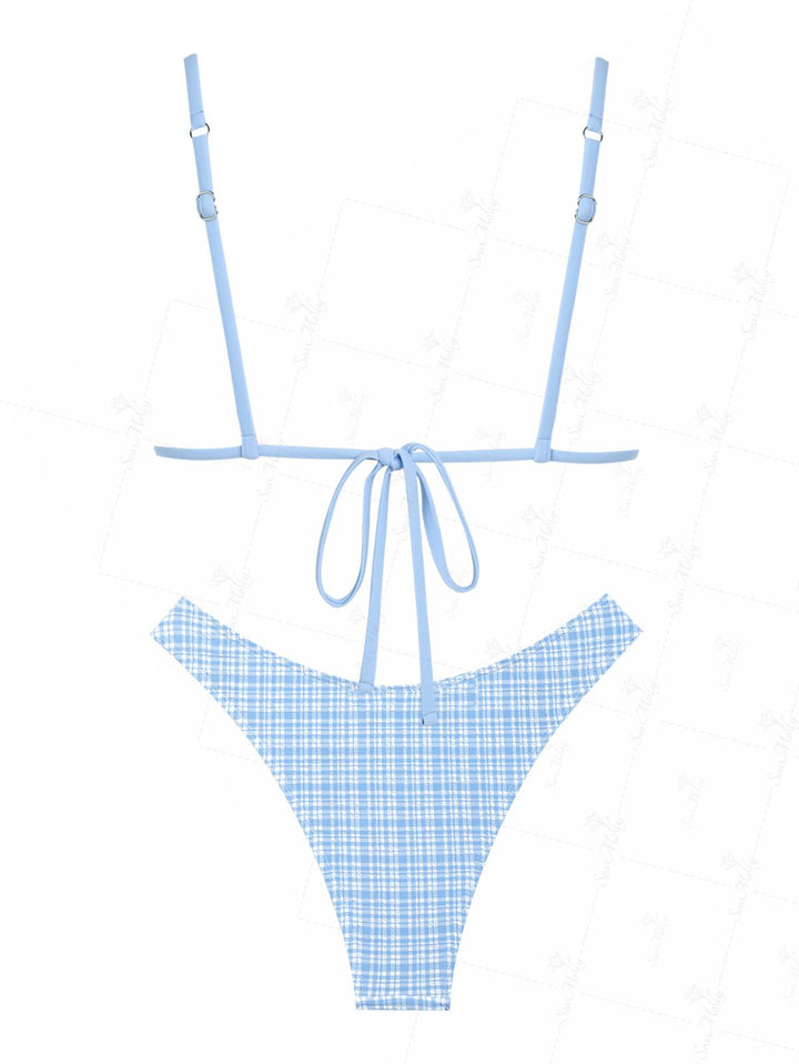 Seamolly Vintage Blue Gingham Bowknot Decor Triangle Cheeky Bikini Set