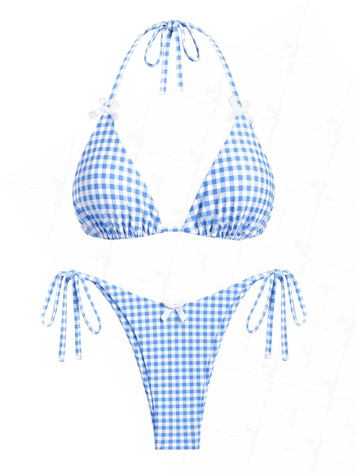 Seamolly Blue Gingham Bowknot Decor Halter Triangle Tie Side Bikini Set