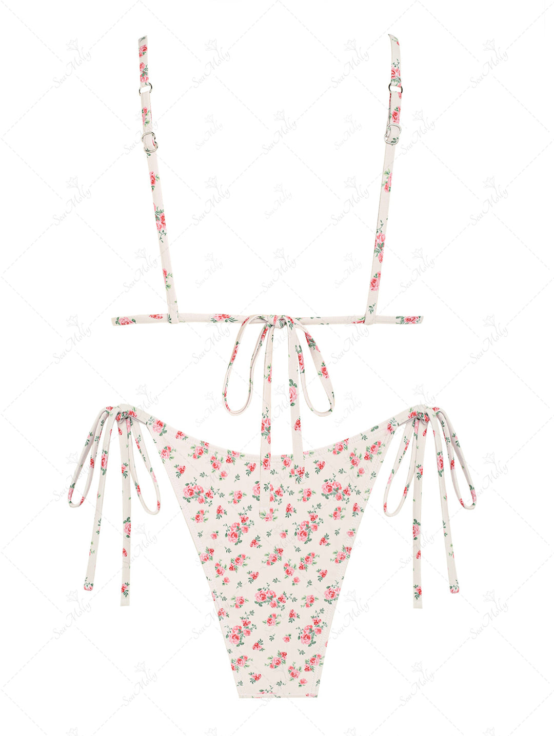 Seamolly Ditsy Floral Print Polka Dots Ruffles Triangle Tie Side Bikini Set