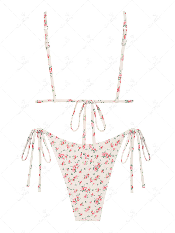 Seamolly Vintage Ditsy Floral Print Polka Dots Ruffles Triangle Tie Side Bikini Set