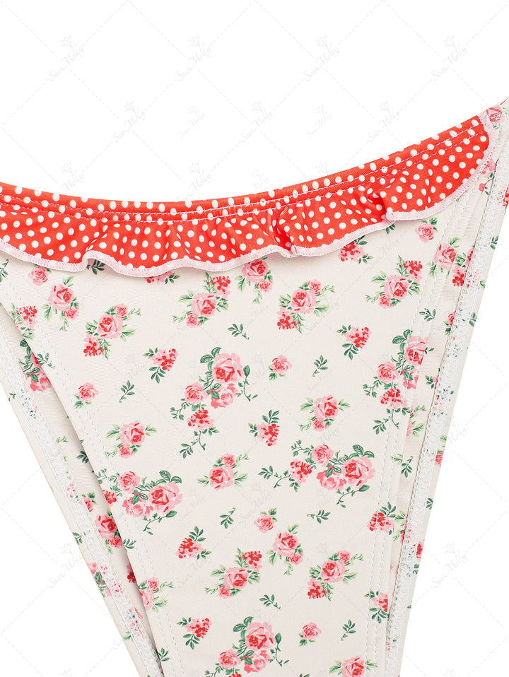 Seamolly Vintage Ditsy Floral Print Polka Dots Ruffles Triangle Tie Side Bikini Set