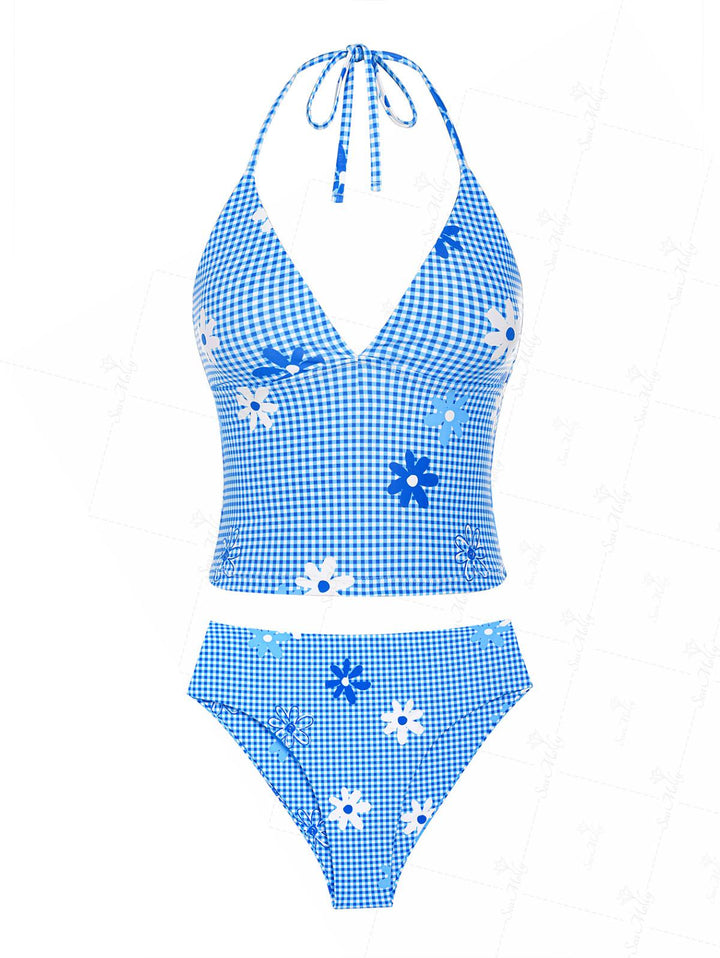 Seamolly Gingham Floral Print Halter Tied Tankini Set