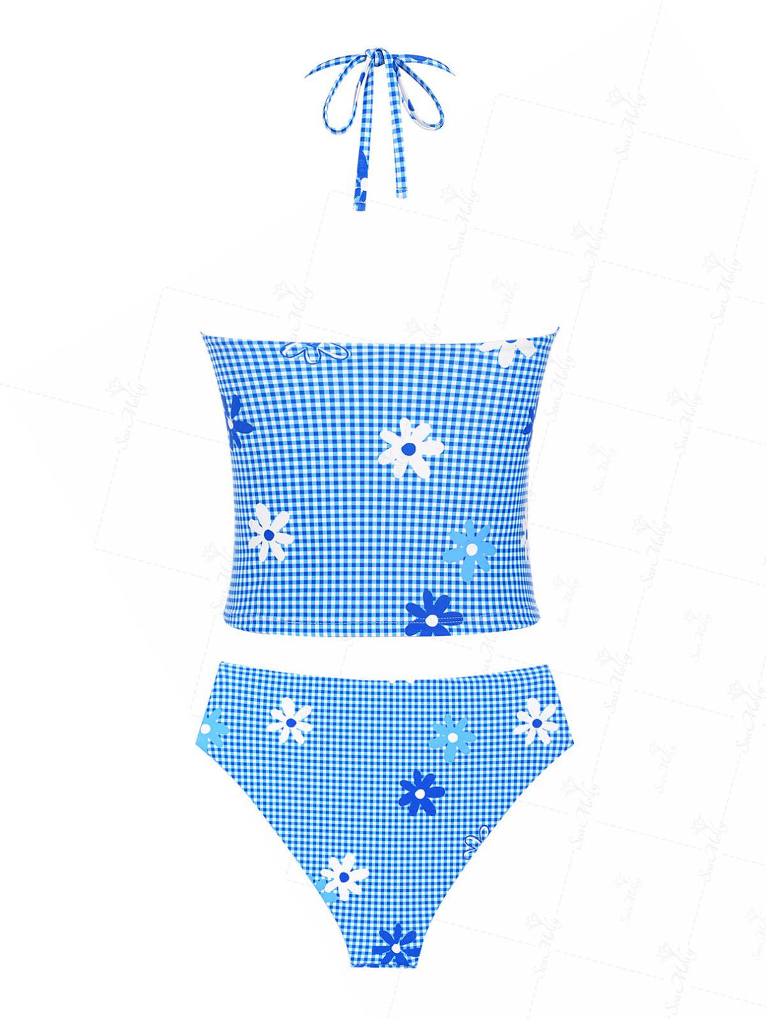 Seamolly Gingham Floral Print Halter Tied Tankini Set