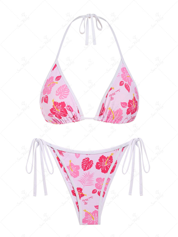 Seamolly Floral Printed Halter Tied Triangle Tie Side Bikini Set