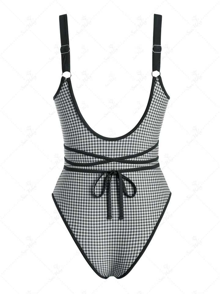 Seamolly Gingham Criss Cross Tied Open U Back Plunging Neck One-piece Swimsuit