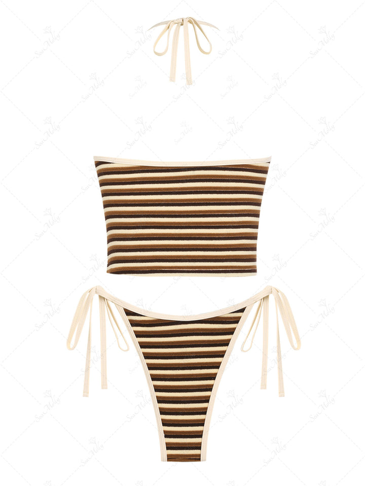 Seamolly Striped Colorblock Halter Tie Side Tankini Set