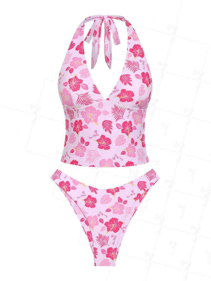 Seamolly Floral Plant Leaves Printed Halter Tied Tankini Set