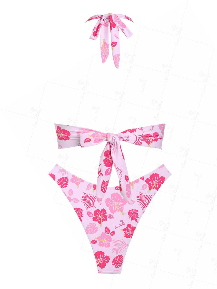 Seamolly Floral Plant Leaves Printed Halter Tied Tankini Set