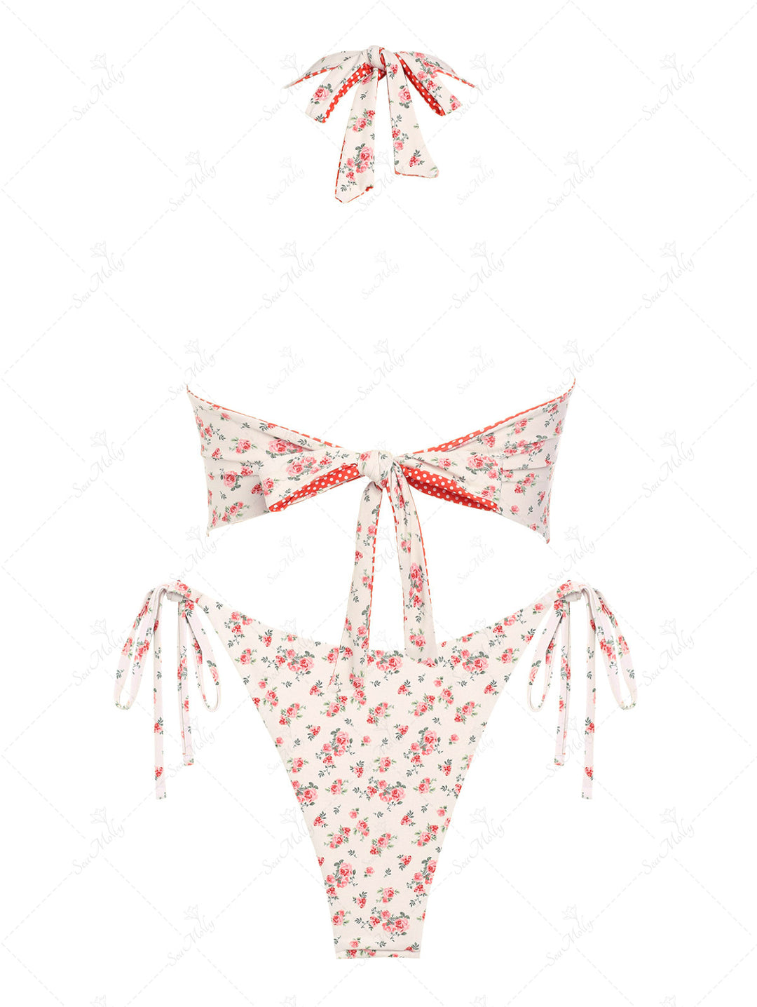 Seamolly Vintage Double-Sided Ditsy Floral And Polka Dots Printed Halter Tie Side Tankini Set