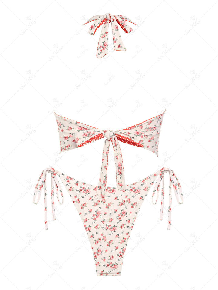 Seamolly Double-Sided Ditsy Floral And Polka Dots Printed Halter Tie Side Tankini Set