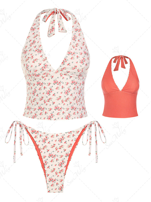 Seamolly Double-Sided Ditsy Floral And Polka Dots Printed Halter Tie Side Tankini Set