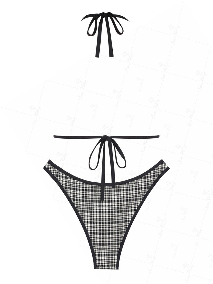 Seamolly Gingham Contrast Binding Bowknot Decor Halter Tied Triangle Bikini Set