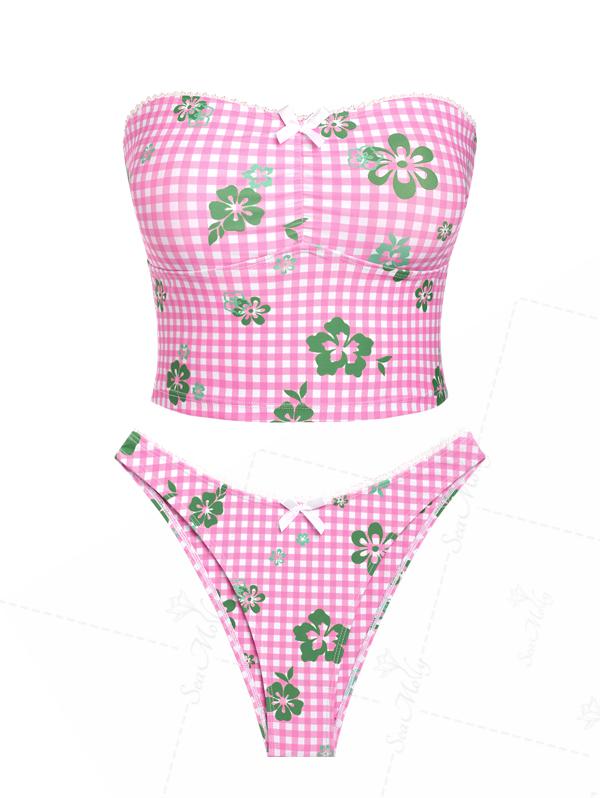 Seamolly Gingham Floral Print Lace Up Bowknot Decor Bandeau Tankini Set