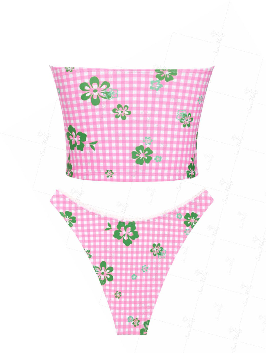 Seamolly Gingham Floral Print Lace Up Bowknot Decor Bandeau Tankini Set