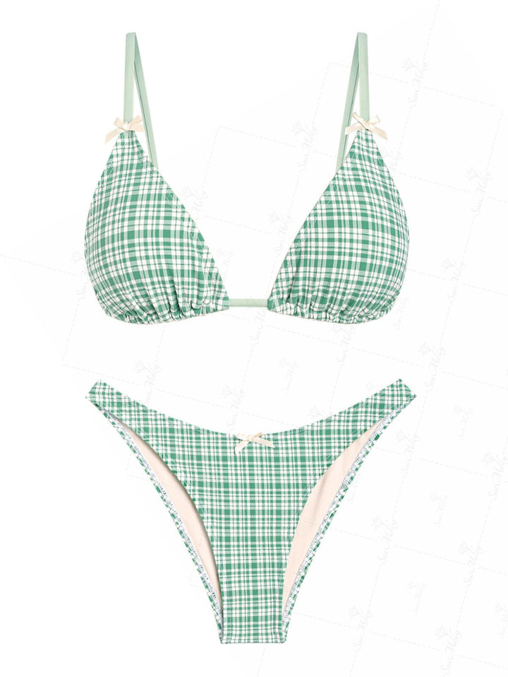 Seamolly Green Gingham Bowknot Decor Triangle  Bikini Set