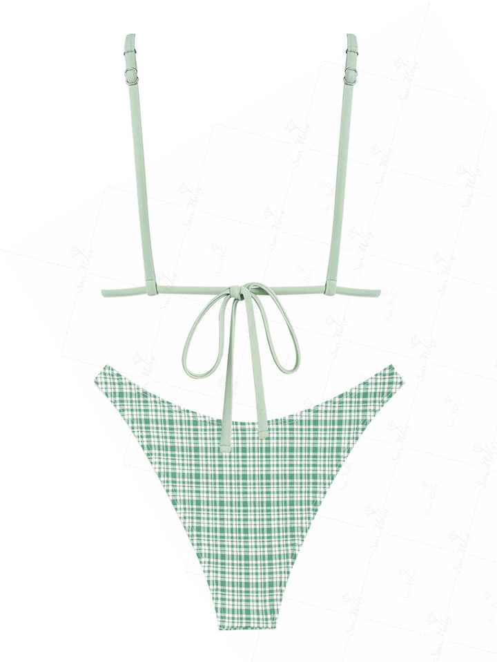 Seamolly Green Gingham Bowknot Decor Triangle  Bikini Set