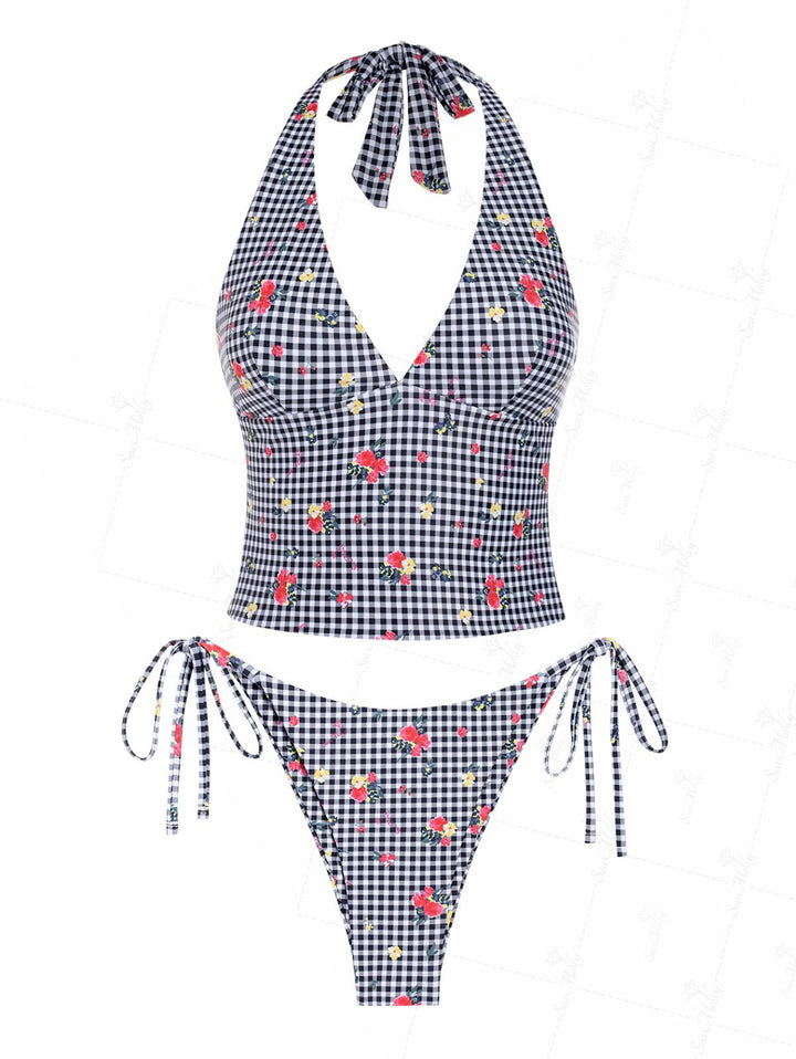 Seamolly Gingham Floral Printed Halter Tied Back Tie Side Tankini Set