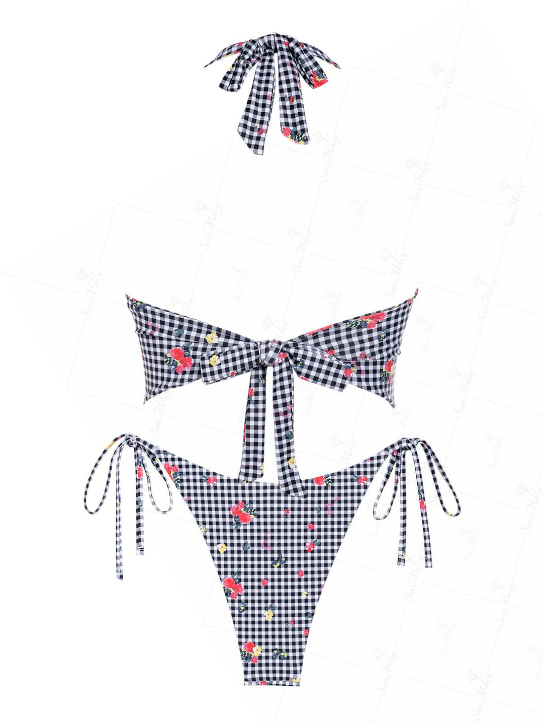 Seamolly Gingham Floral Printed Halter Tied Back Tie Side Tankini Set