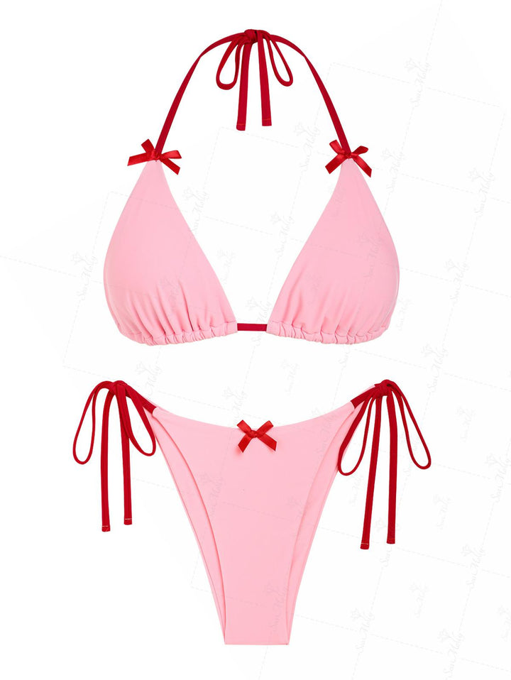 Seamolly Bowknot Decor Halter Tied Triangle Tie Side Bikini Set