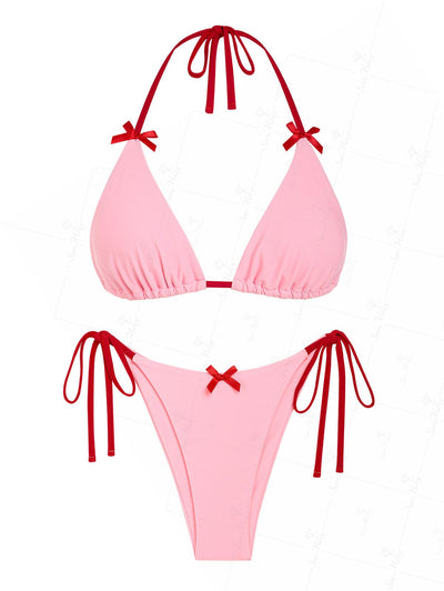 Seamolly Striped Lace Trim Bowknot Decor Halter Triangle Tie Side Bikini Set