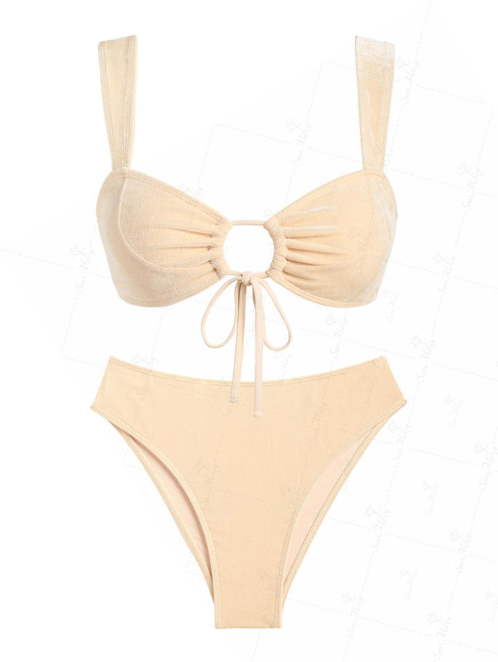 Velvet Mesh Ruched Cinched Tied Cheeky Bikini Set