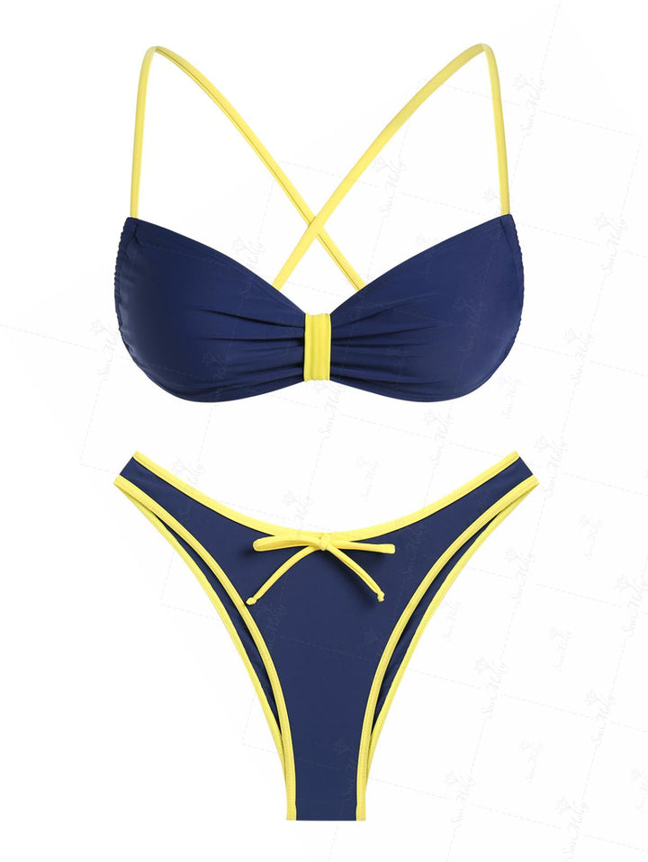 Seamolly Criss Cross Ruched Bow Knotted Decor Cheeky Bikini Set