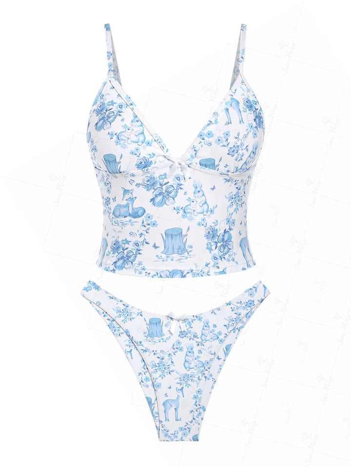 Seamolly Floral Print Bowknot Decor Tankini Set