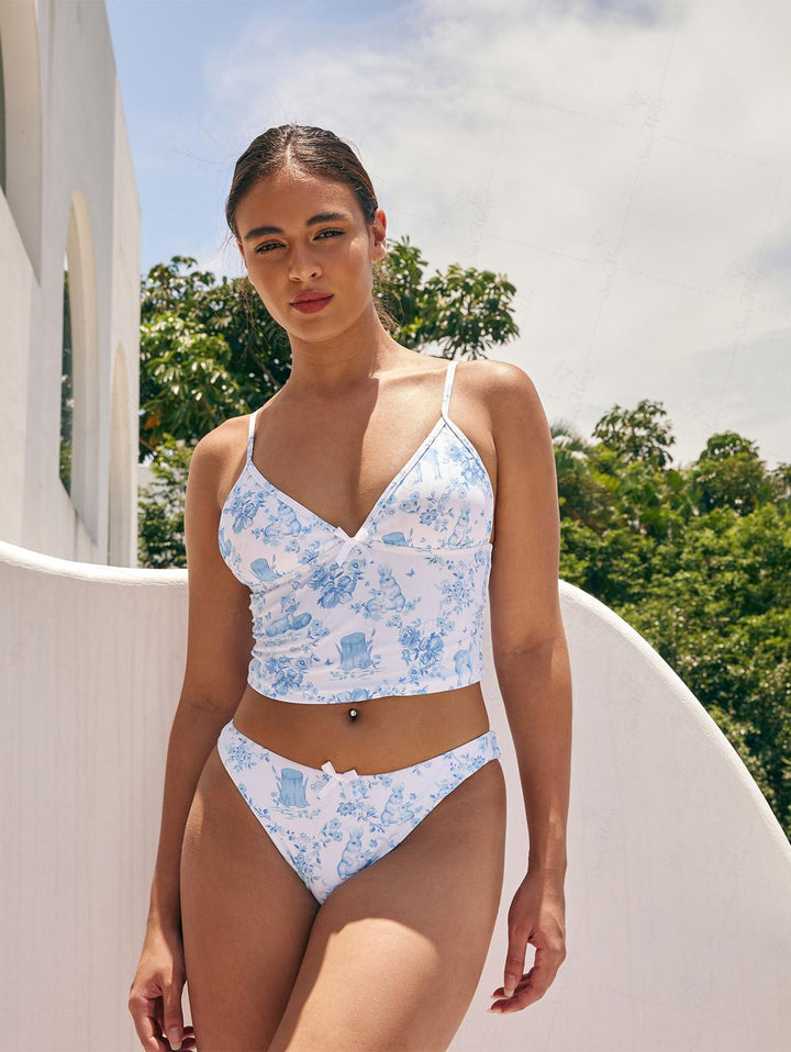 Seamolly Floral Animal Print Bowknot Decor Cami Tankini Set