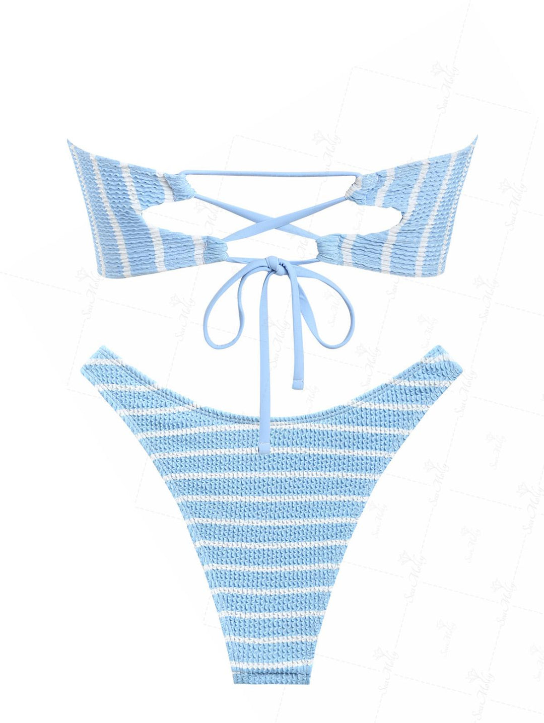 Seamolly Crinkle Textured Stripes Lace Up Bandeau Cheeky Bikini Set