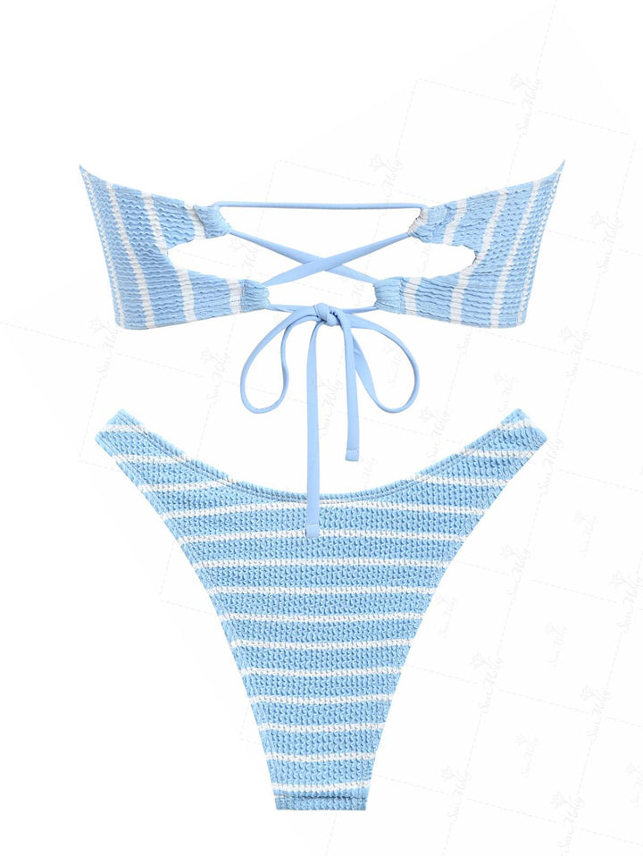 Seamolly Crinkle Textured Stripes Lace Up Bandeau Cheeky Bikini Set