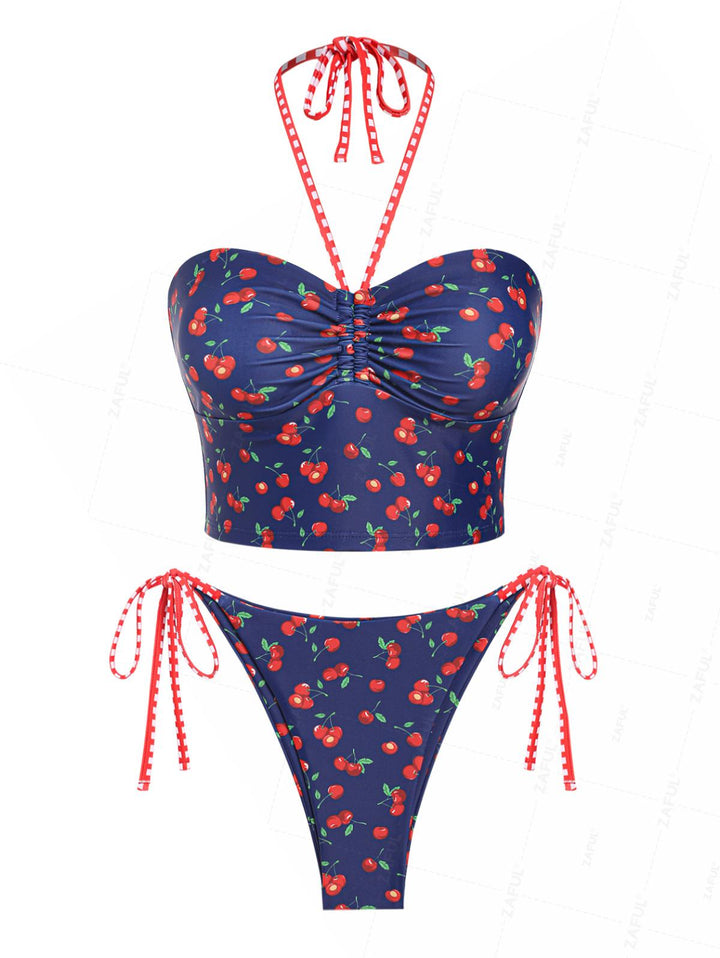 Seamolly Fruit Cherry Print Ruched Halter Tie Side Tankini Set