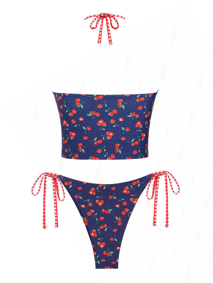 Seamolly Fruit Cherry Print Ruched Halter Tie Side Tankini Set