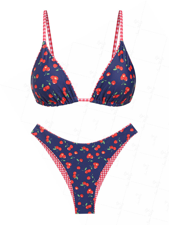 Seamolly Reversible Gingham Cherry Print Triangle Cheeky Bikini Set