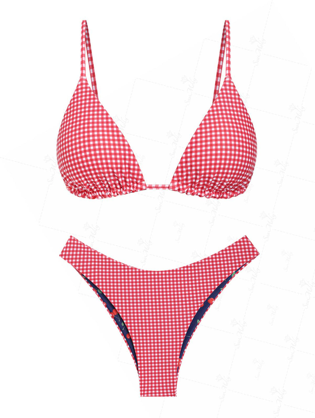 Seamolly Reversible Gingham Cherry Print Triangle Cheeky Bikini Set