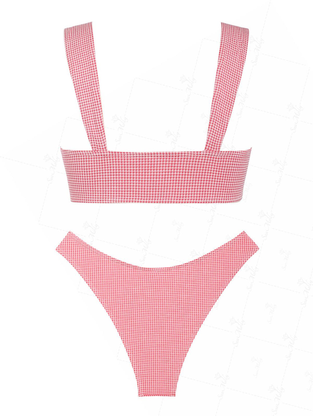 Seamolly Gingham Lace Spliced Front Cinched  Bikini Set