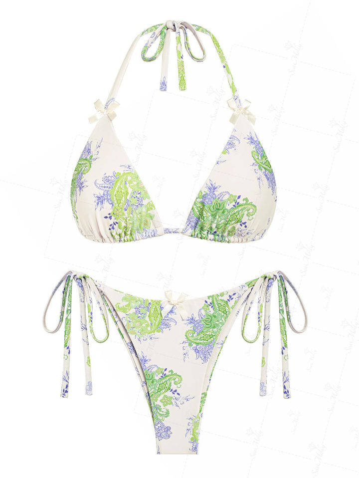 Seamolly Bikini-Set mit ethnischem Paisley-Blumendruck, Schleifendekor, dreieckigem Band an der Seite